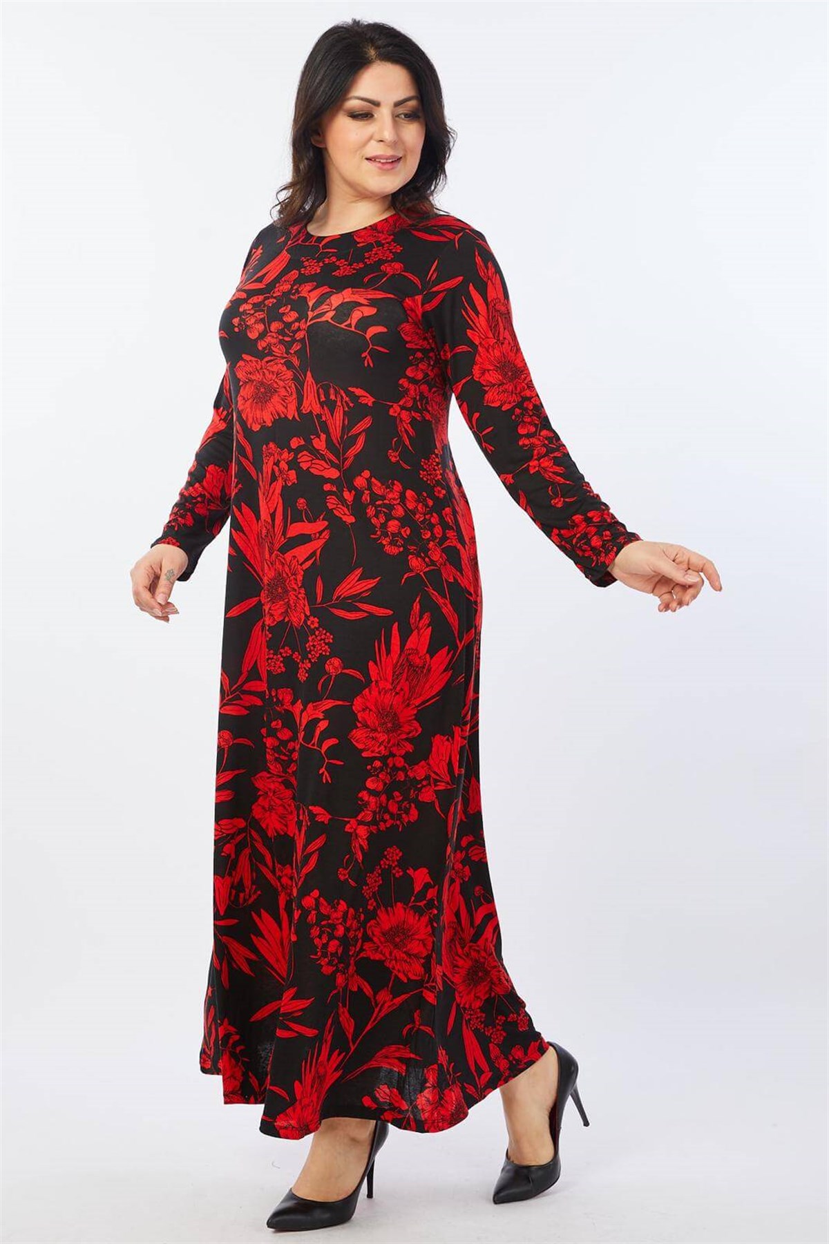 Büyük Beden Desenli Tesettür Elbise | Kırmızı Siyah Floral