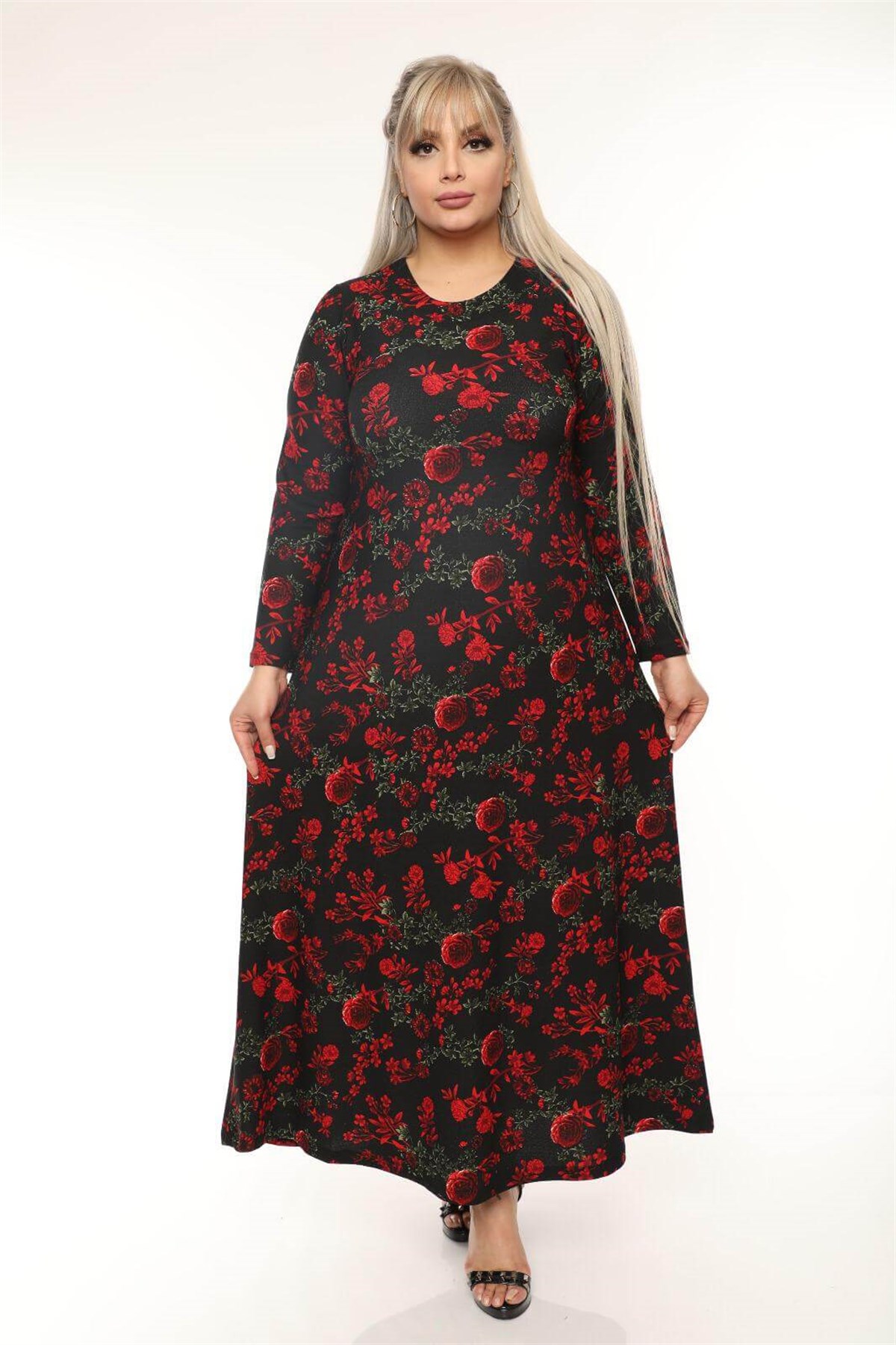 Büyük Beden Desenli Tesettür Elbise | Kırmızı Çiçek