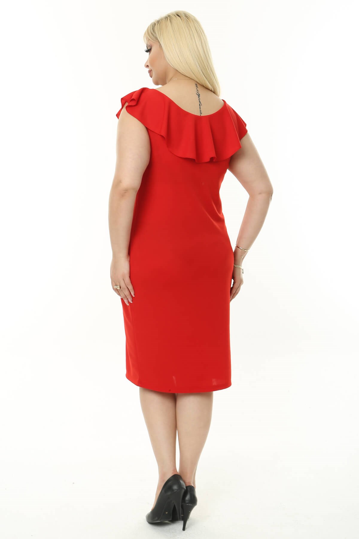 Kadın Kırmızı Fırfır Yaka Detay Büyük Beden Kalem Elbise