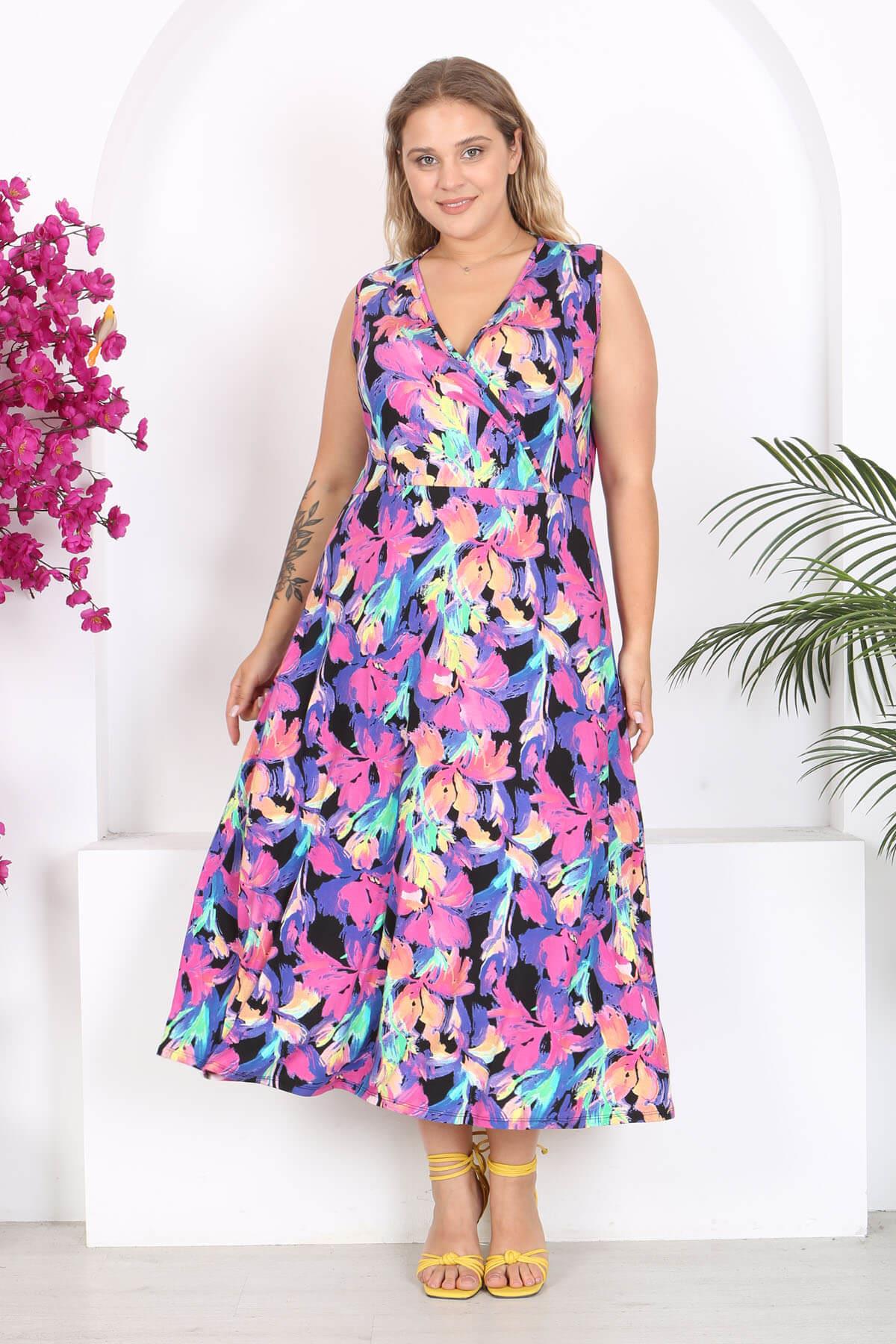 Kadın Mor Floral Suluboya Desen Kolsuz Kruvaze Yaka Büyük Beden Maxi Elbise