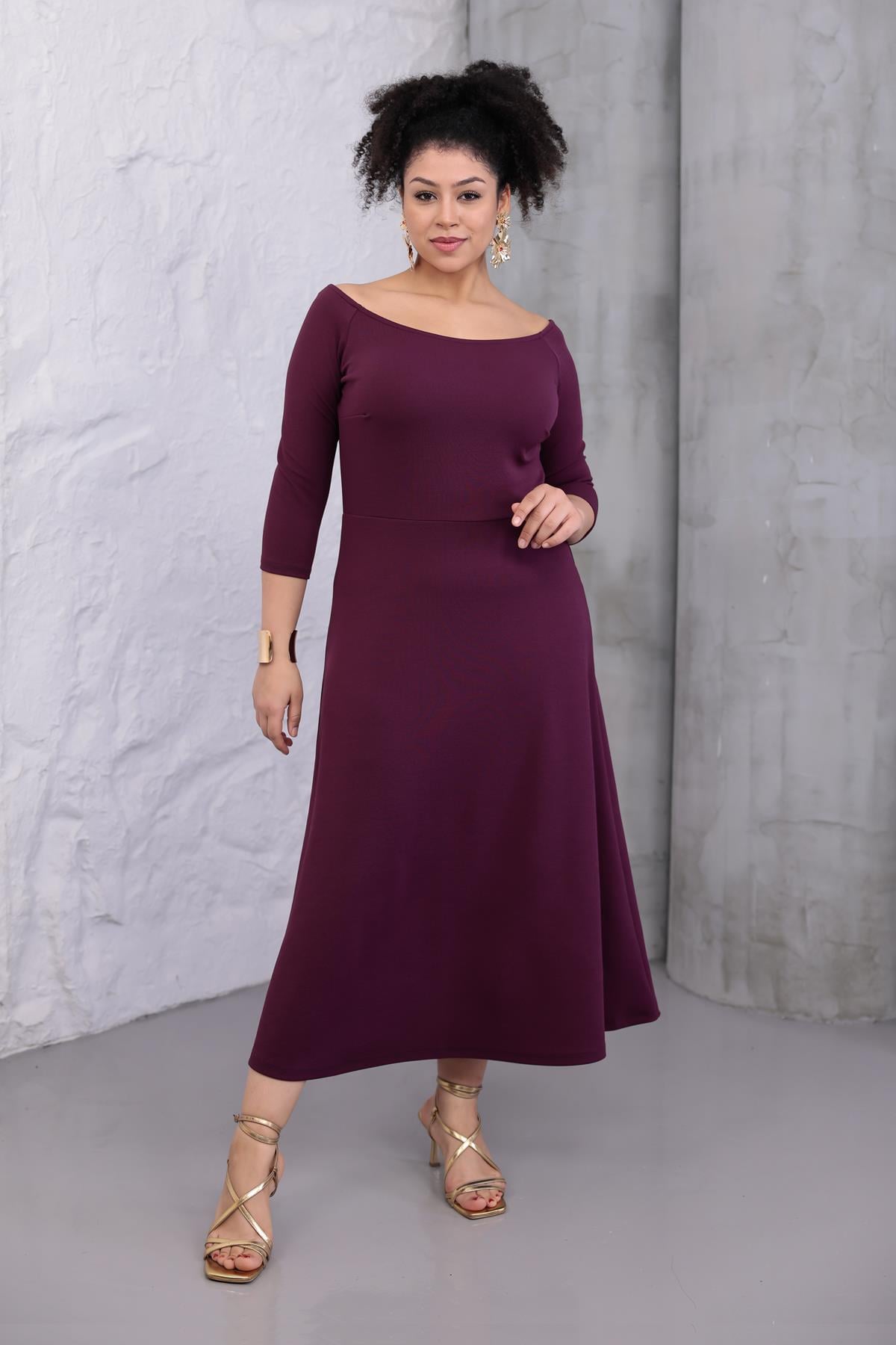 Kadın Mor Kayık Yaka Truvakar Kol Kuplu Büyük Beden Esnek Elbise
