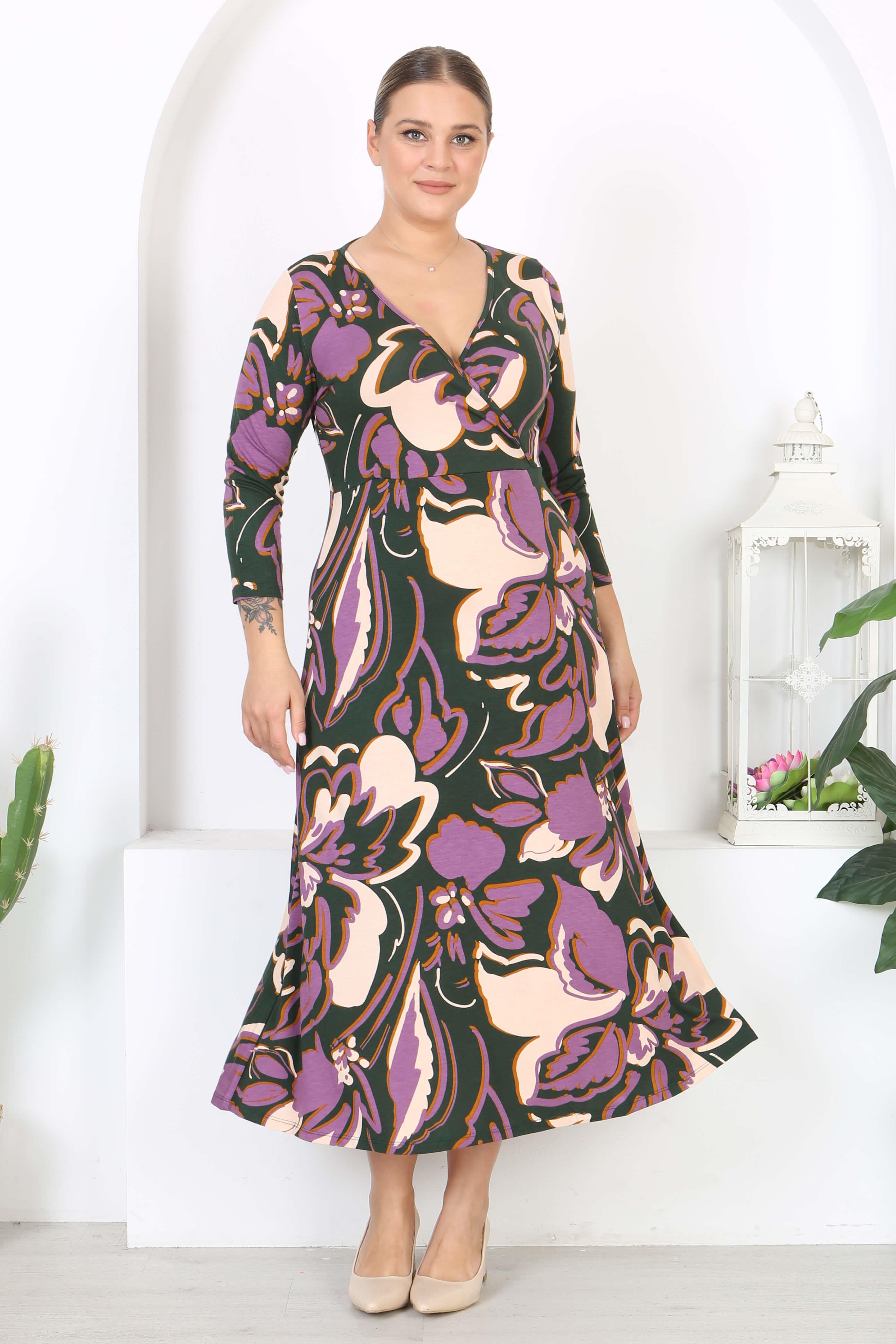 Kadın Mor Yeşil Floral Desen Uzun Kol Kruvaze Yaka Büyük Beden Maxi Elbise