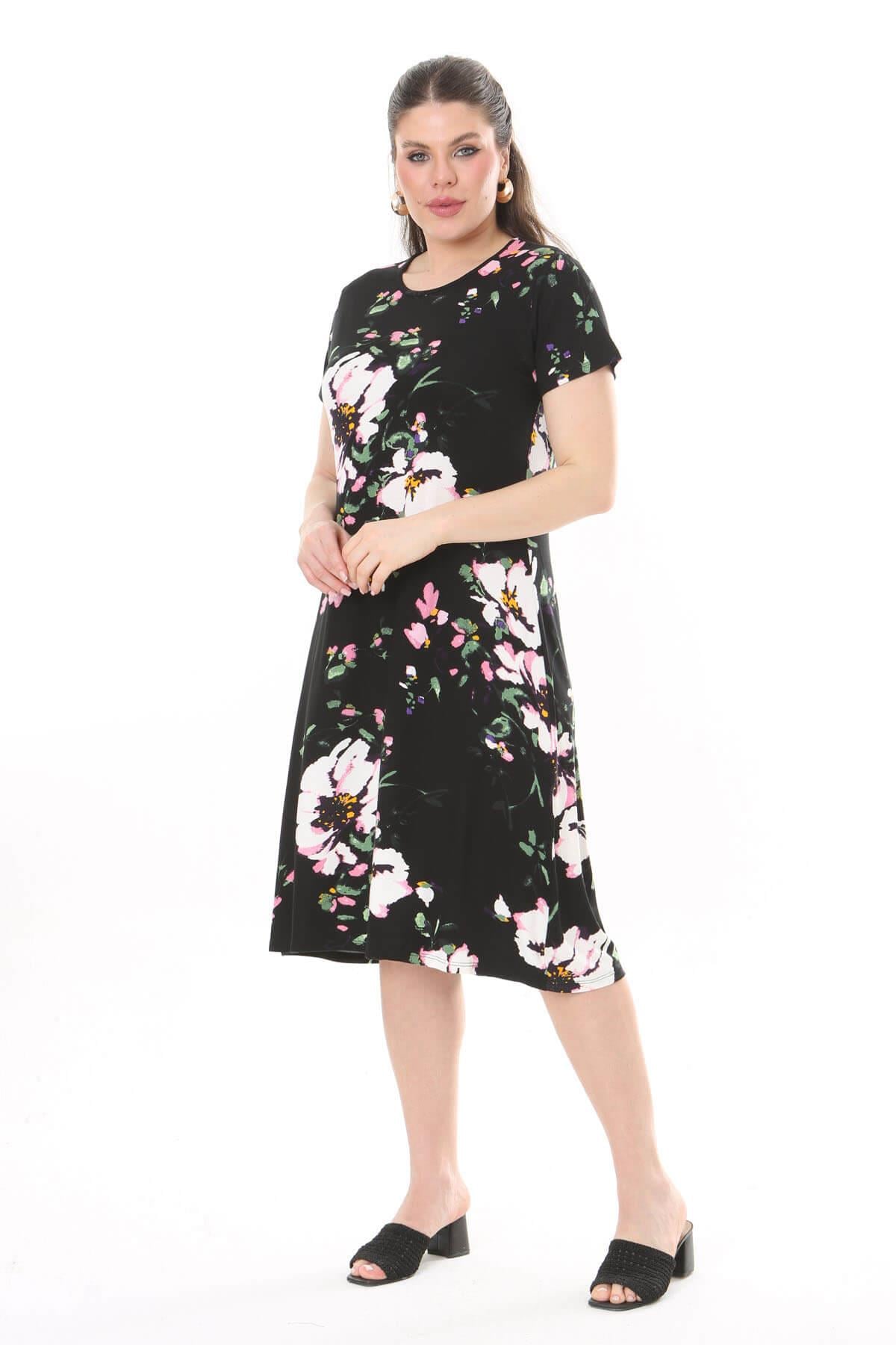 Kadın Siyah Beyaz Floral Desen Midi Elbise