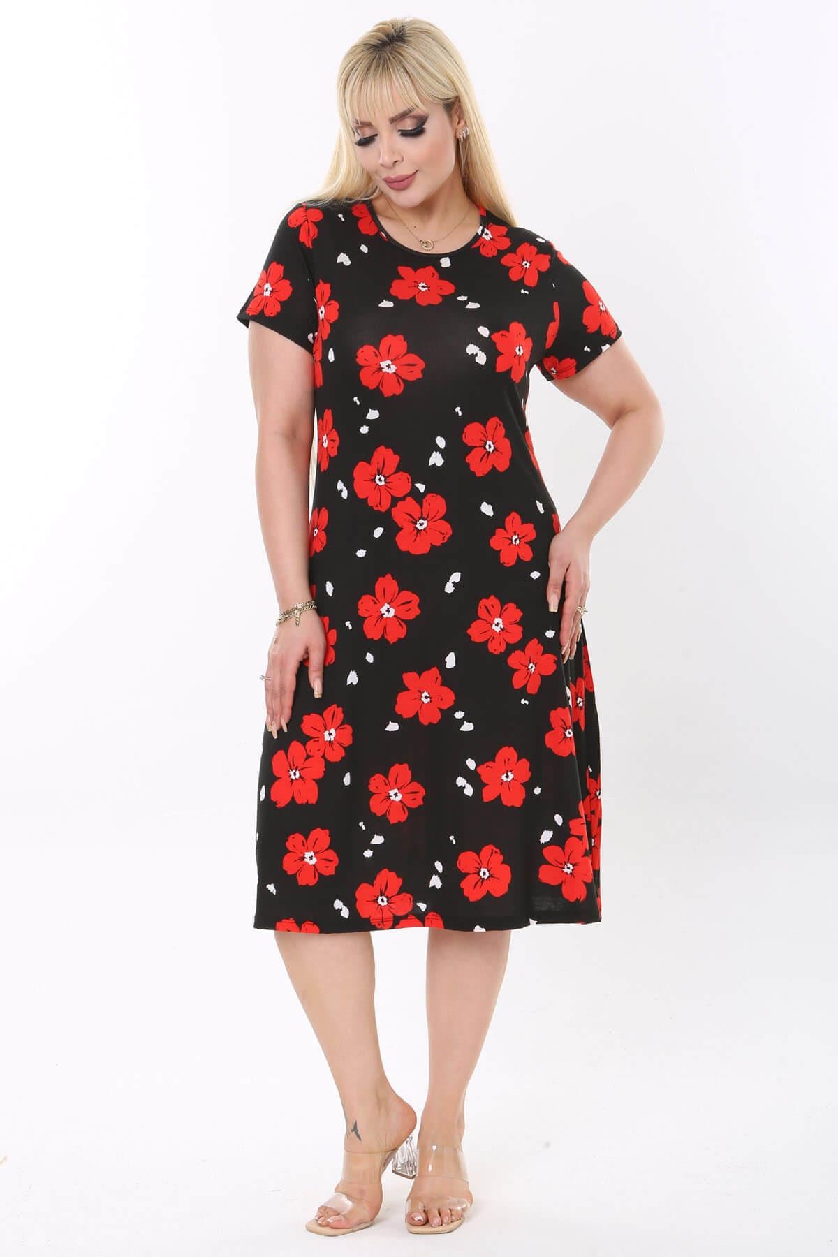 Kadın Siyah Kırmızı Floral Desen Midi Elbise