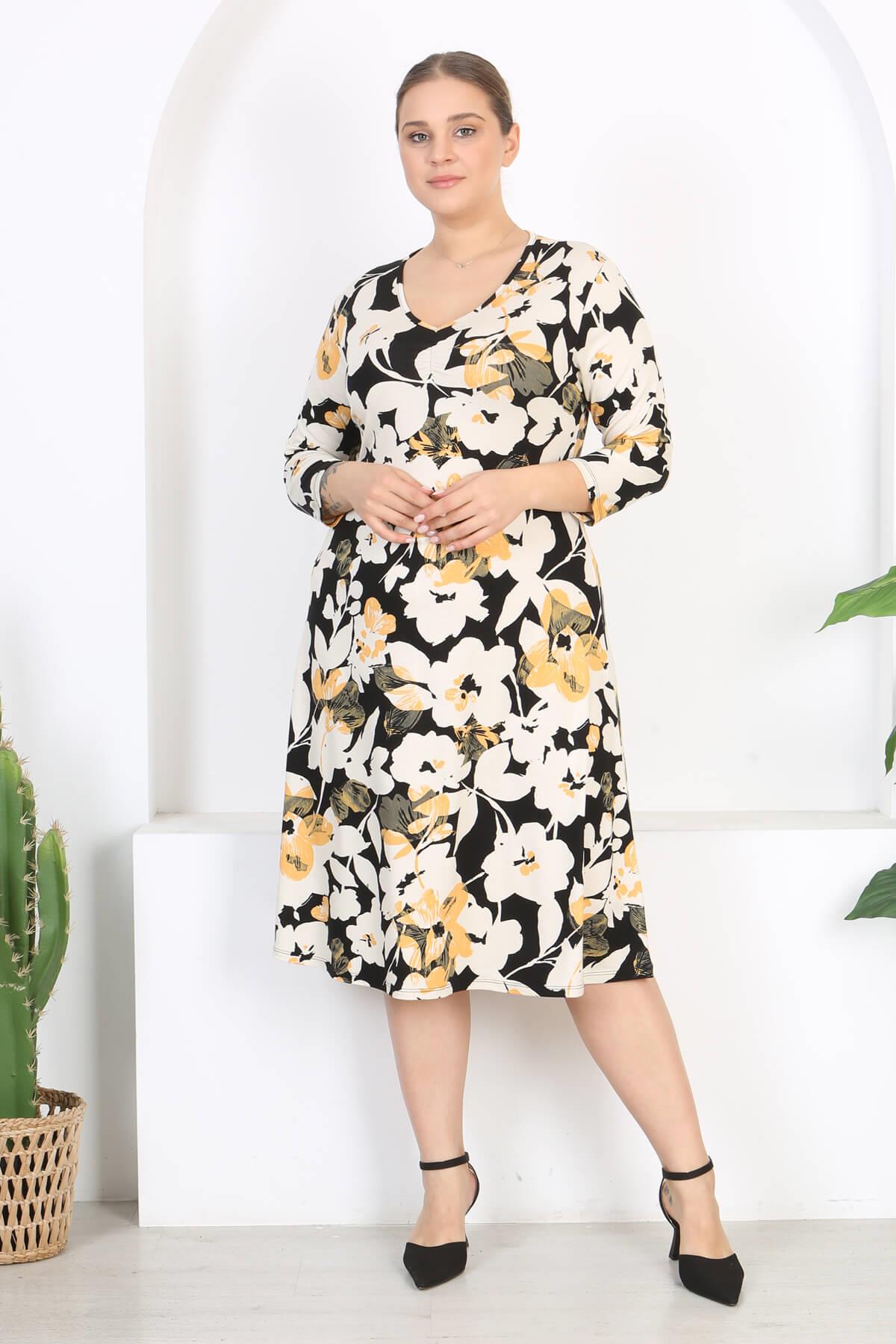Kadın Siyah Sarı Floral Desen V Yaka Truvakar Kol Büyük Beden Esnek Elbise