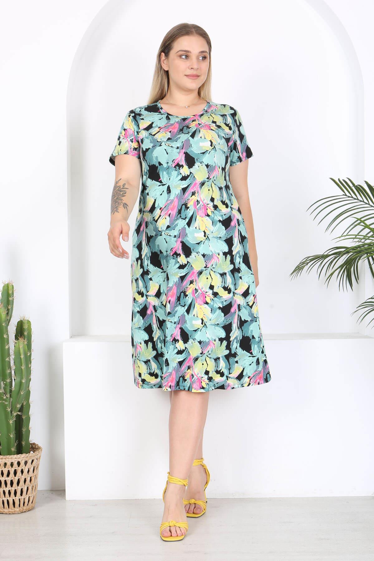 Kadın Yeşil Floral Suluboya Desen Midi Elbise