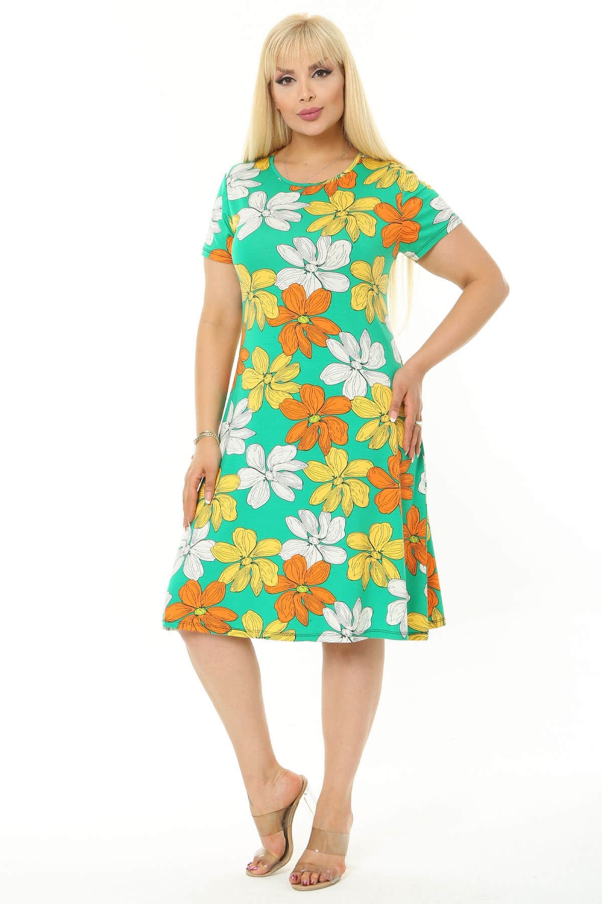 Kadın Yeşil Sarı Floral Desen Büyük Beden Midi Elbise