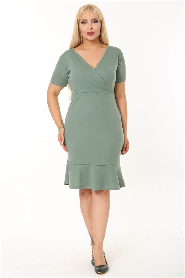 Kadın Çağla Yeşil Kruvaze Yaka Eteği Fırfırlı Büyük Beden Elbise