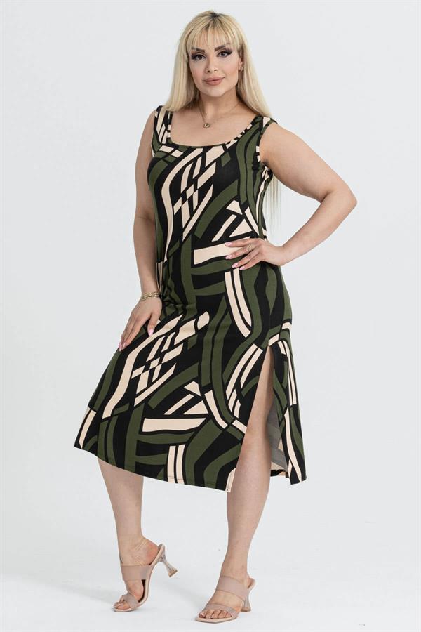 Kadın Haki Bej Geometrik Desen Yırtmaç Detay Askılı Elbise