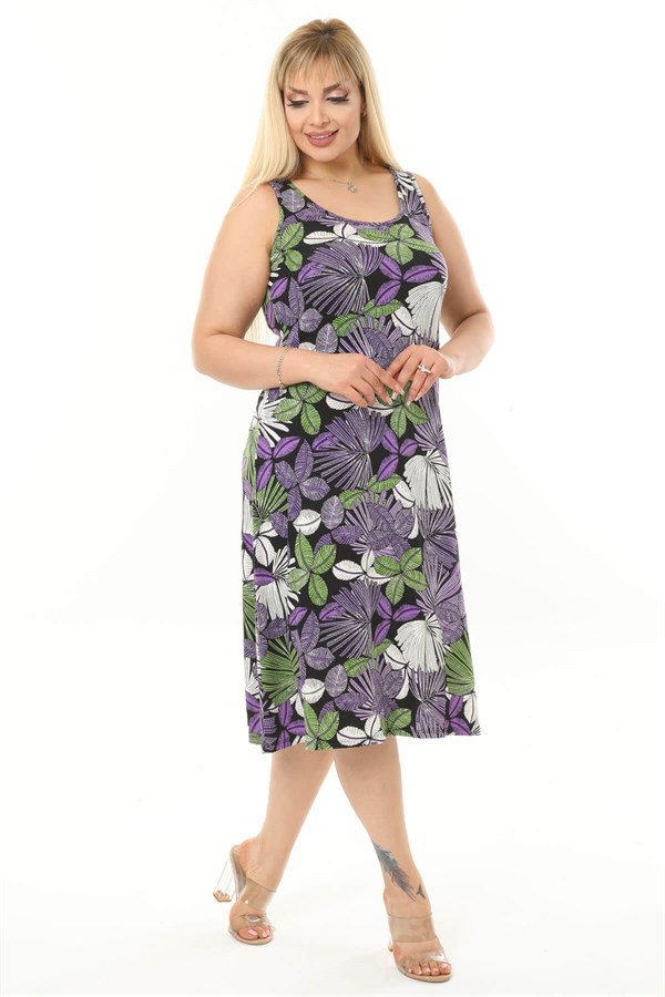 Kadın Mor Yeşil Floral Desenli Askılı Büyük Beden Elbise