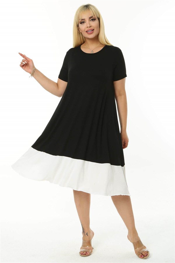 Kadın Siyah Beyaz Renk Bloklu Büyük Beden Elbise