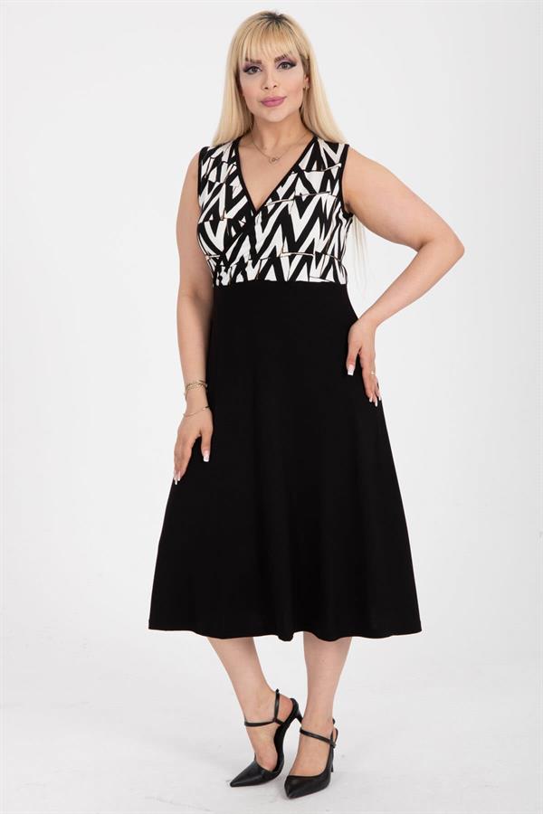 Kadın Siyah Beyaz Zigzag Desen Bloklu Biye Detay Kruvaze Elbise