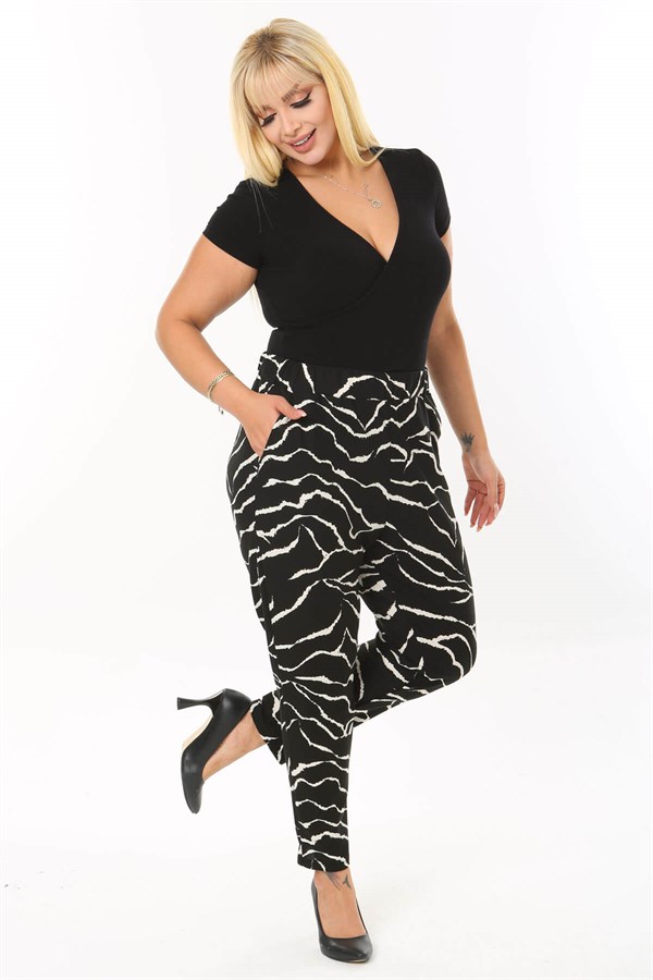 Kadın Siyah Cam Kırığı Desen Esnek Krep Kumaş Havuç Pantolon