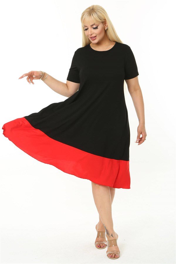 Kadın Siyah Kırmızı Renk Bloklu Büyük Beden Elbise