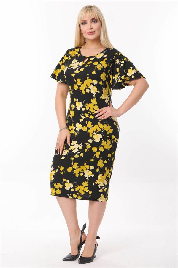Kadın Siyah Sarı Floral Desenli Kelebek Kol Kuplu Büyük Beden Elbise