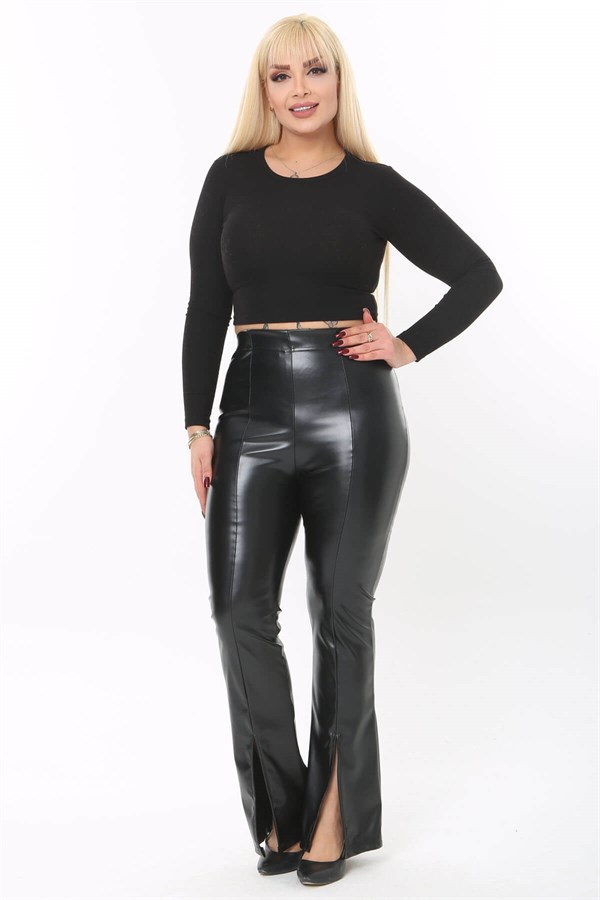 Kadın Siyah Yırtmaç Detay Esnek Suni Deri Pantolon