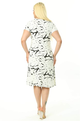 Kadın Beyaz Mermer Desen Büyük Beden Midi Elbise