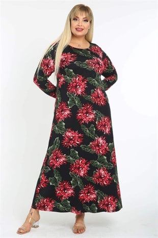 Kadın Bordo Yeşil Floral Desen Büyük Beden Maksi Elbise
