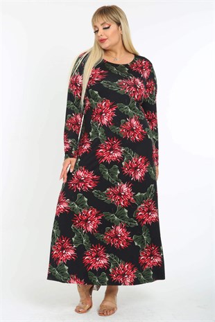 Kadın Bordo Yeşil Floral Desen Büyük Beden Maksi Elbise