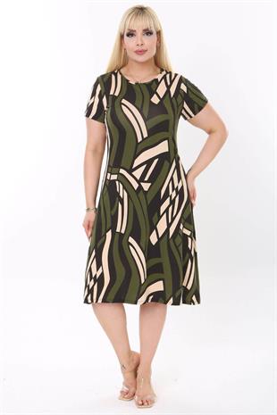 Kadın Haki Bej Geometrik Desen Midi Elbise