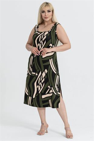 Kadın Haki Bej Geometrik Desen Yırtmaç Detay Askılı Elbise