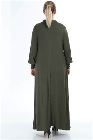 Kadın Haki Kravat Yaka Detaylı Salaş Büyük Beden Elbise