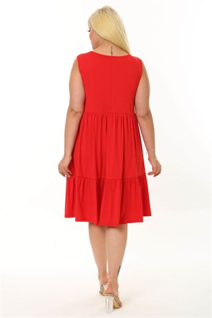 Kadın Kırmızı Büyük Beden Katlı Elbise