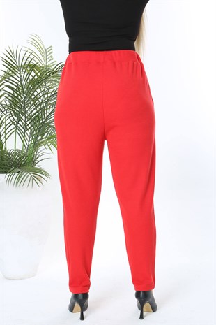 Kadın Kırmızı Esnek Kışlık Gofre Kumaş Havuç Pantolon