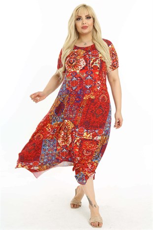Kadın Kırmızı Etnik Desen Asimetrik Büyük Beden Elbise