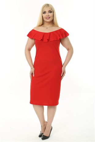 Kadın Kırmızı Fırfır Yaka Detay Büyük Beden Kalem Elbise