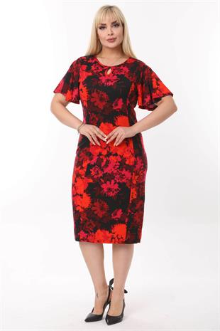 Kadın Kırmızı Fuşya Çiçek Desenli Kelebek Kol Kuplu Büyük Beden Elbise