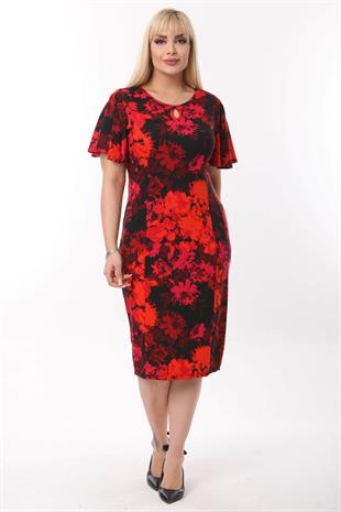 Kadın Kırmızı Fuşya Çiçek Desenli Kelebek Kol Kuplu Büyük Beden Elbise