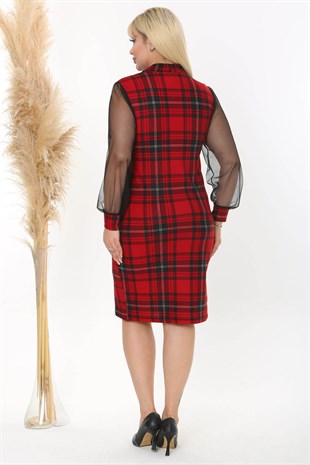 Kadın Kırmızı Siyah Ekose Desen Yaka Detay Tül Kol Büyük Beden Esnek Süet Elbise
