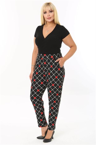 Kadın Kırmızı Siyah Geometrik Desen Esnek Krep Kumaş Havuç Pantolon