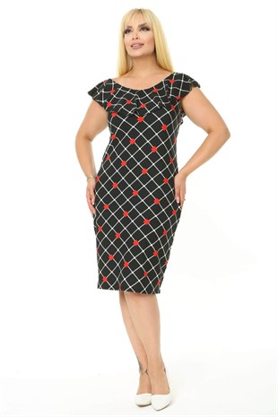 Kadın Kırmızı Siyah Geometrik Desen Fırfır Yaka Detay Büyük Beden Kalem Elbise