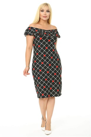 Kadın Kırmızı Siyah Geometrik Desen Fırfır Yaka Detay Büyük Beden Kalem Elbise