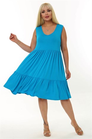 Kadın Mavi Büyük Beden Katlı Elbise
