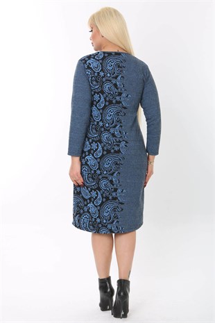 Kadın Mavi Ekose ve Şal Desen Büyük Beden Pamuk Jakar Midi Elbise