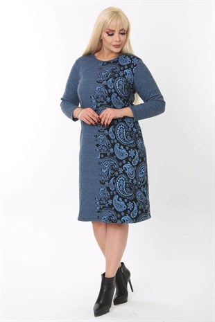 Kadın Mavi Ekose ve Şal Desen Büyük Beden Pamuk Jakar Midi Elbise