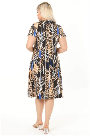 Kadın Mavi Geometrik Leopar Desen Büyük Beden Midi Elbise