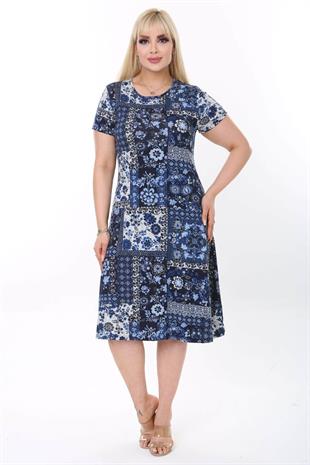 Kadın Mavi Patchwork Desen Midi Elbise