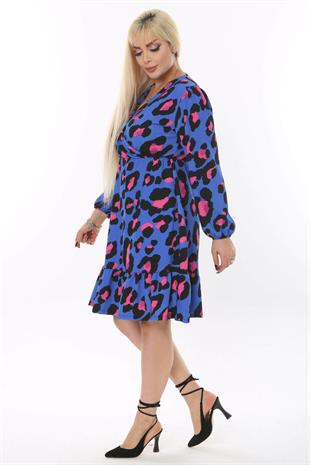 Kadın Mavi Pembe Tiger Desen Kruvaze Yaka Balon Kol Büyük Beden Esnek Elbise