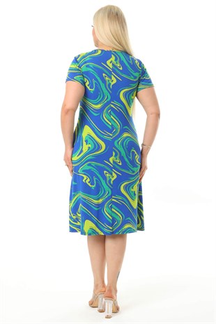 Kadın Mavi Yeşil Dalga Desen Büyük Beden Midi Elbise