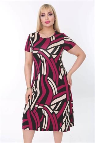 Kadın Mor Bej Geometrik Desen Midi Elbise