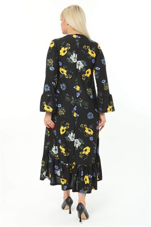 Kadın Mor Sarı Çiçek Desenli Biye Yaka Kol ve Etek Ucu Fırfırlı Büyük Beden Elbise