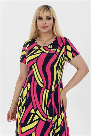 Kadın Pembe Sarı Geometrik Desen Midi Elbise