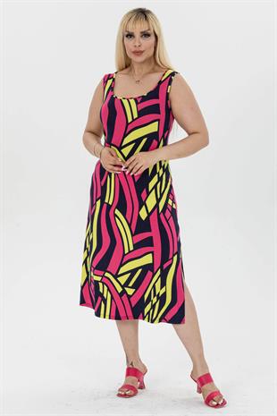 Kadın Pembe Sarı Geometrik Desen Yırtmaç Detay Askılı Elbise