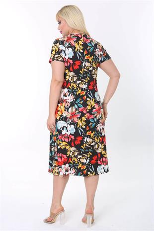 Kadın Renkli Suluboya Çiçek Desen Midi Elbise