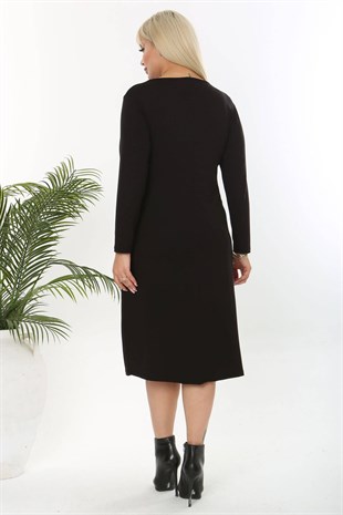 Kadın Siyah Basic Uzun Kol Büyük Beden Esnek Viskon Elbise