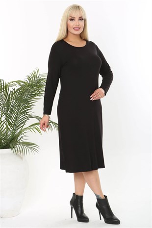 Kadın Siyah Basic Uzun Kol Büyük Beden Esnek Viskon Elbise